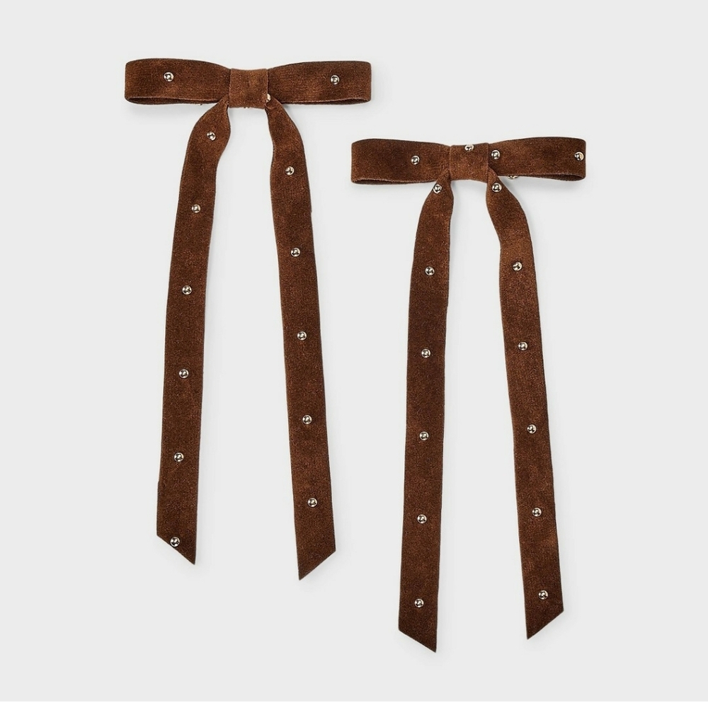 New!Stud Suede Bow Hair Elegant Brown Bow Set Of 2 Pk Clips Universal Thread Y2K